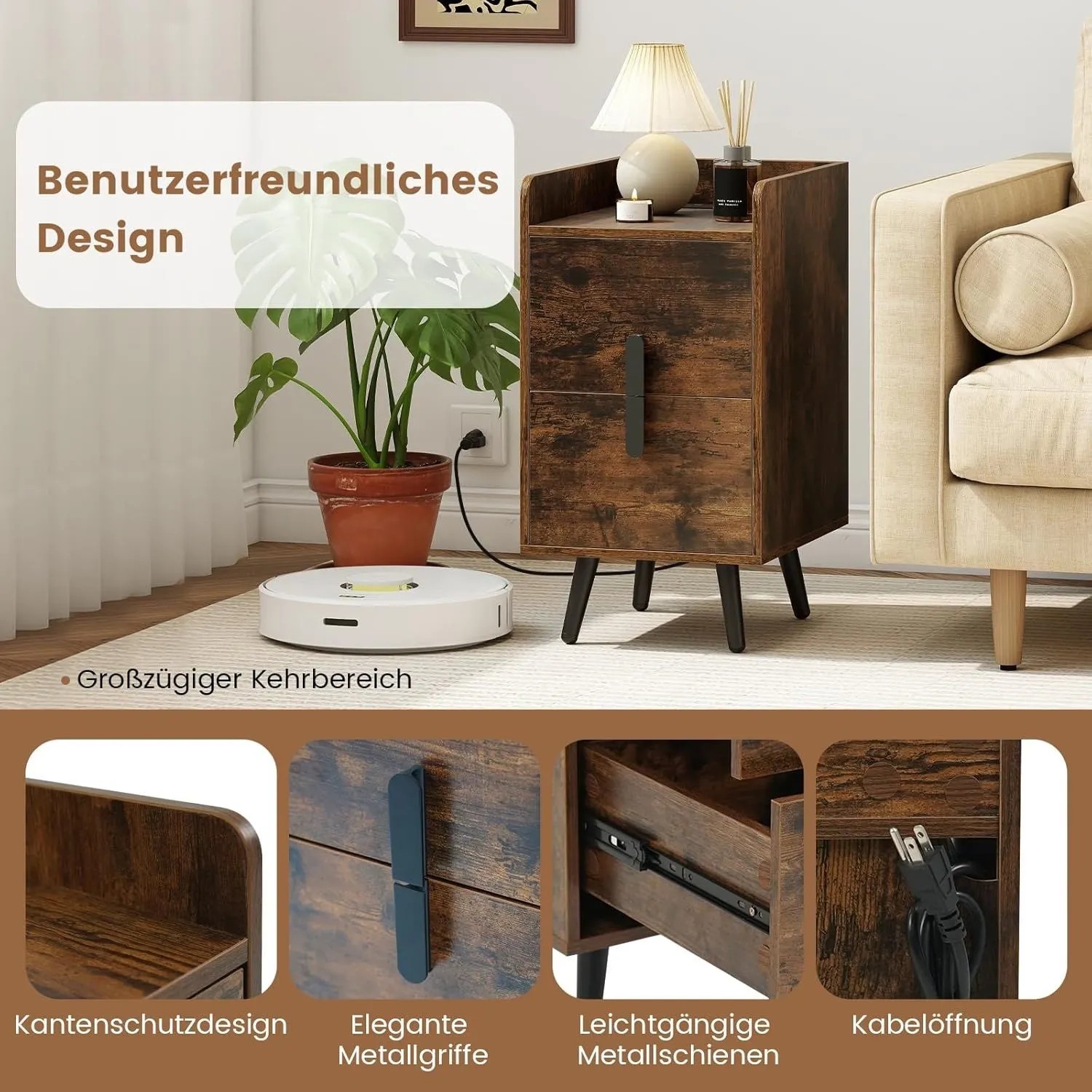Brauner Nachttisch mit Ladestation, 2 Schubladen und schwarzen Metallfüßen. Schmaler Nachtschrank im Wohnzimmer.