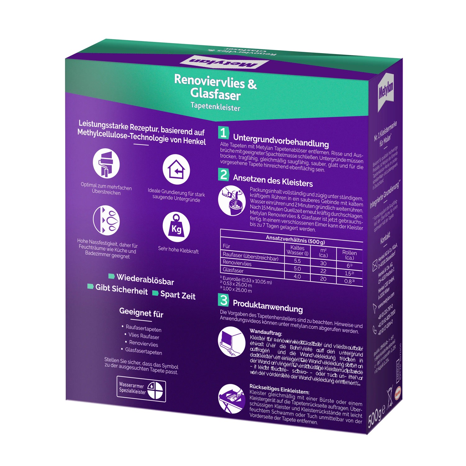 Metylan Tapetenkleister für Renoviervlies & Glasfaser, 500g Packung, ideal für Renovierungen.