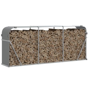 Hellgrauer vidaXL Kaminholzunterstand aus verzinktem Stahl, gefüllt mit Holzscheiten.