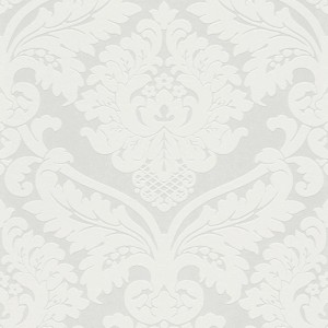 Weiße Tadessi Vliestapete mit erhabenem barockem Ornamentmuster. Dekorative Wandgestaltung für luxuriöses Ambiente.