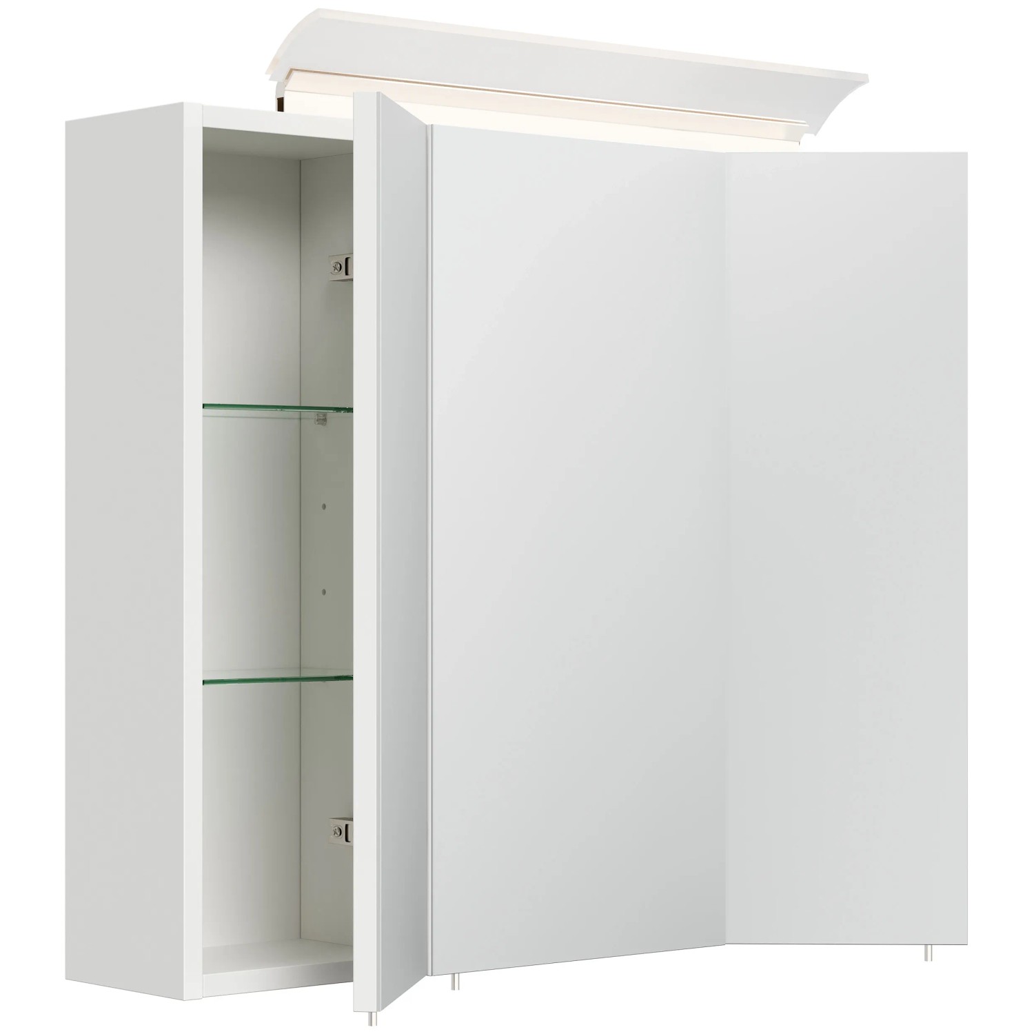 Posseik Spiegelschrank, 70 cm, weiß hochglanz, mit LED-Lampe und Glasböden.
