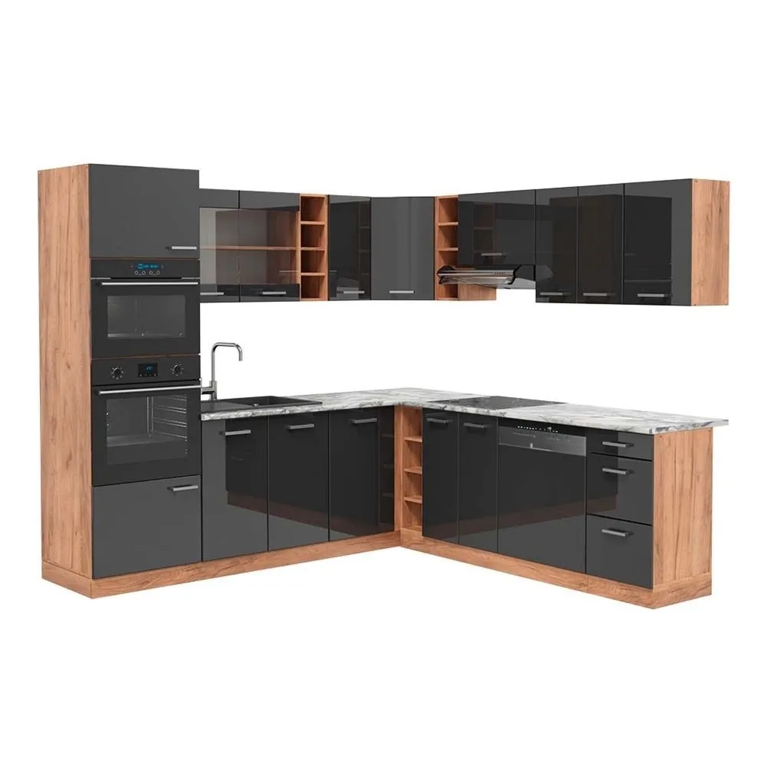 Vicco Eckküche R-Line Anthrazit Hochglanz/Goldkraft Eiche 247 x 82, AP Marmor