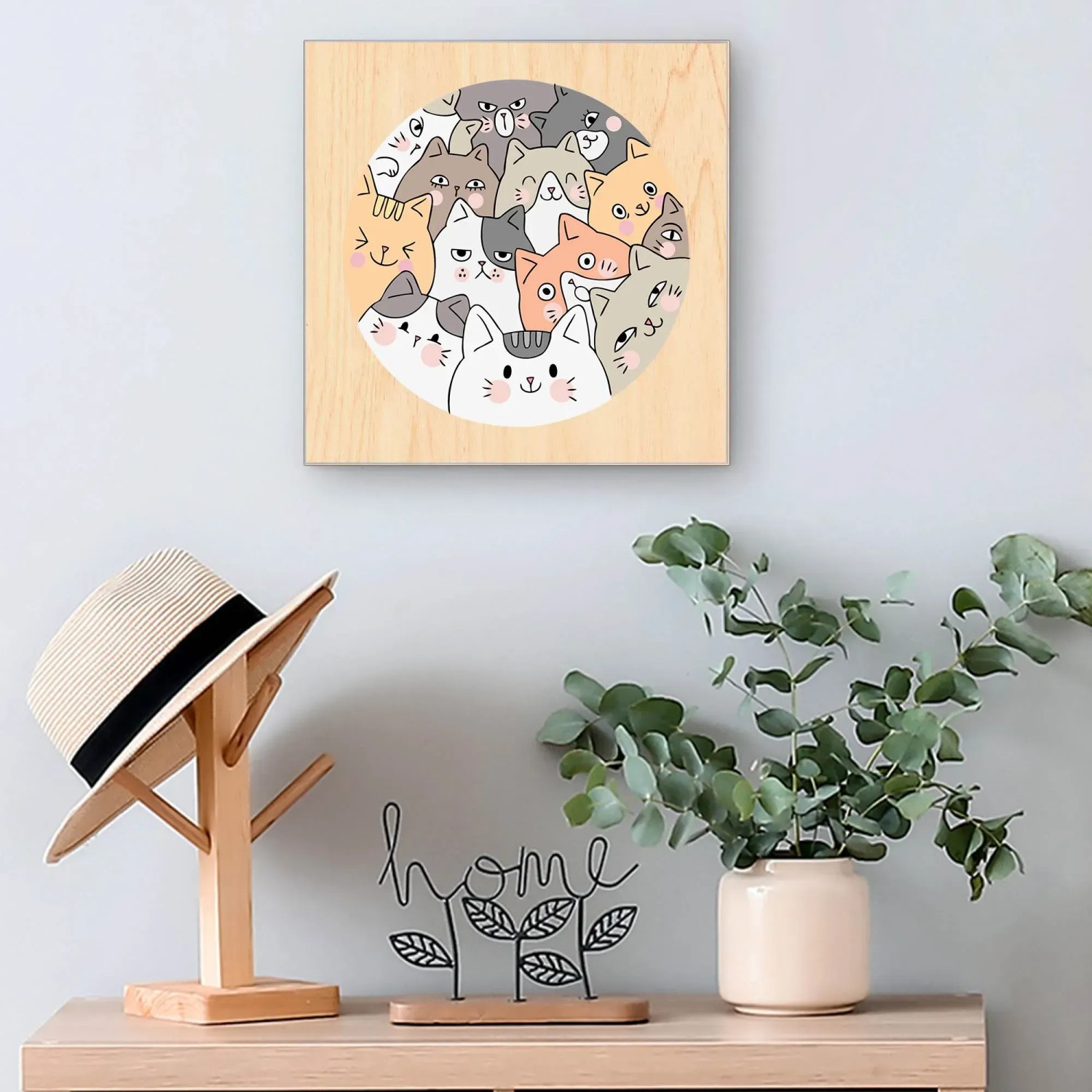 Banjado Schlüsselkasten aus Holz, 30x30cm, Motiv Katzenkuscheln, 50 Haken, Scharnier links.