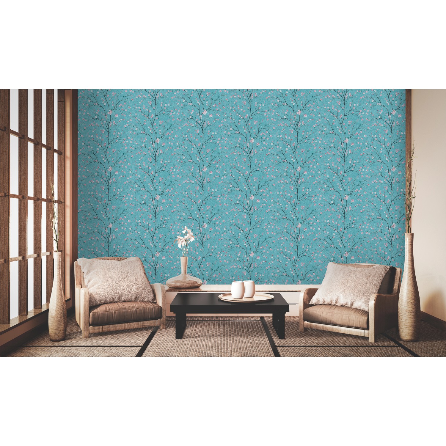 Raum mit Metropolitan Stories II Vliestapete Kirschblüten türkis/rosa.