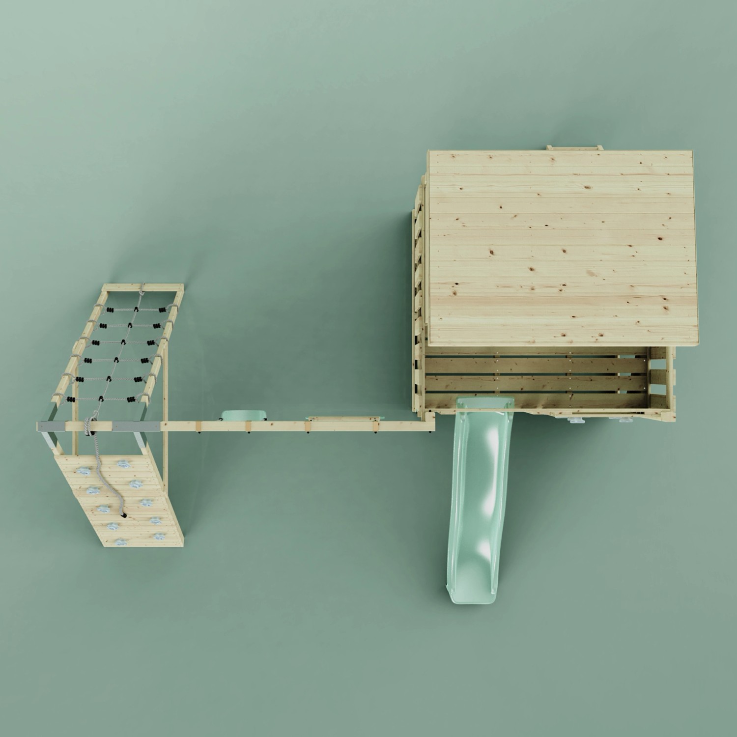 PolarPlay Spielturm Aksel Mintgrün mit Spielhaus, Rutsche, Schaukel und Kletterwand.