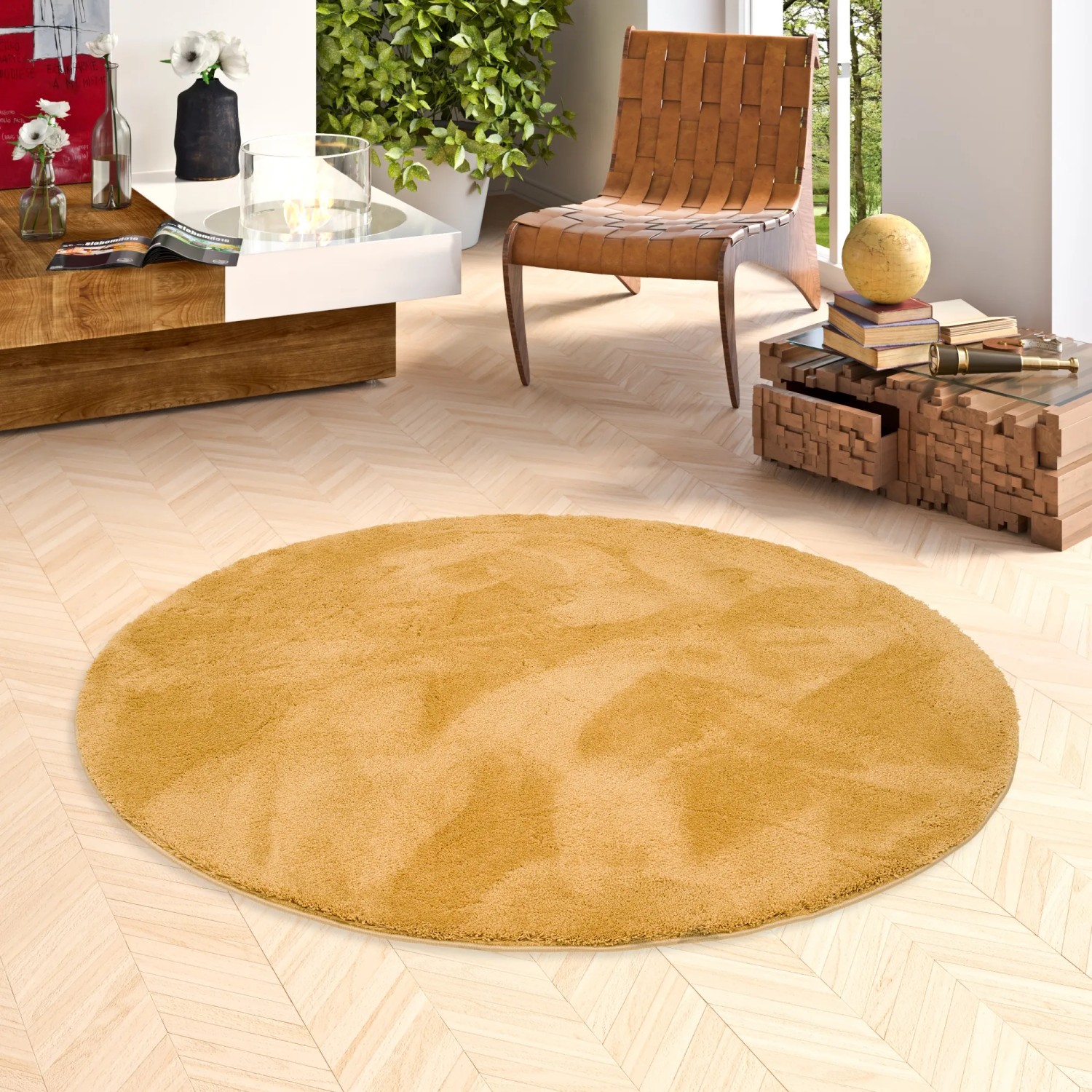 Runder, curryfarbener Hochflor Teppich "Pergamon Luxus Super Soft Silky", 200x200cm.