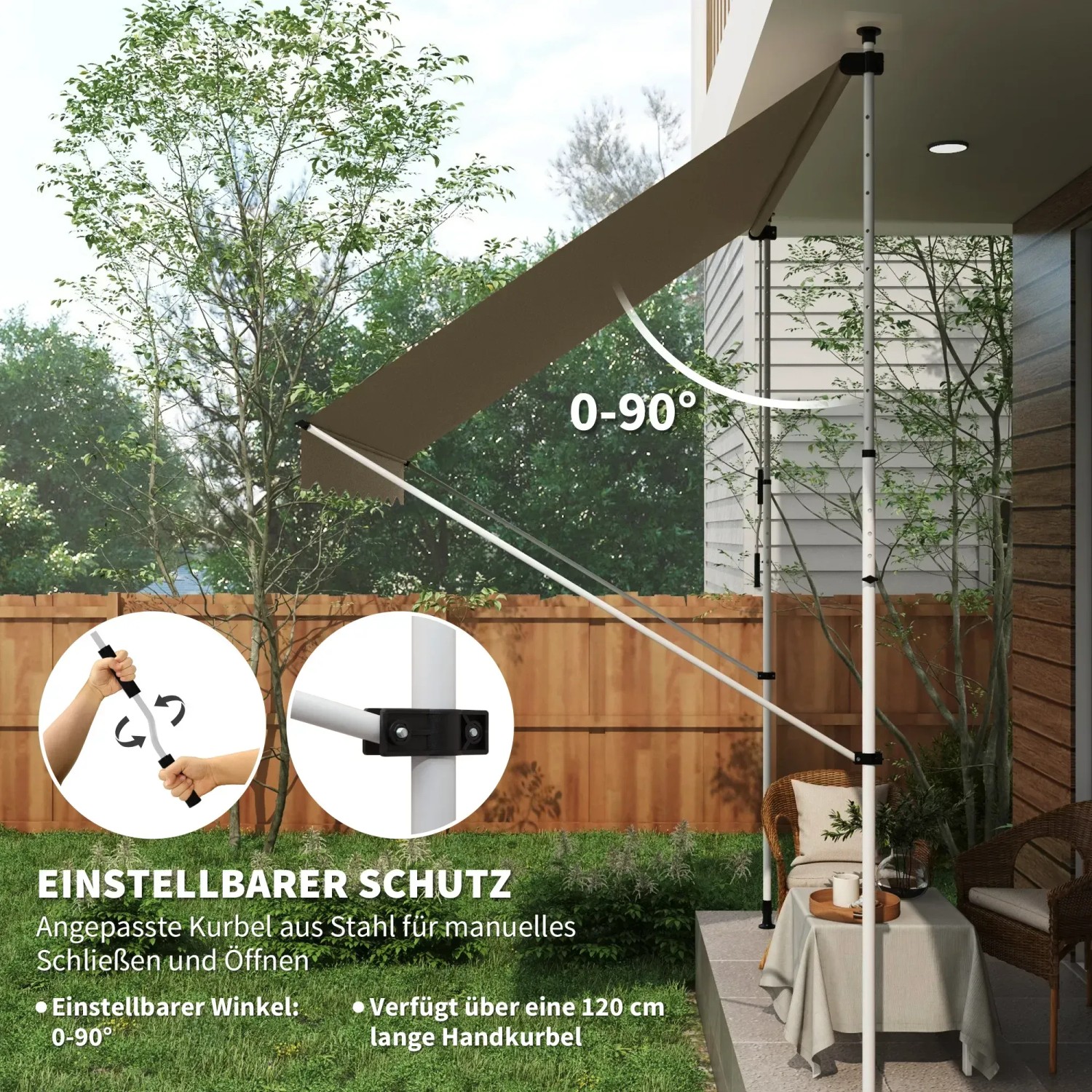 Beige Outsunny Klemmmarkise aus Aluminium und Stahl, flexibel einstellbar von 0-90 Grad.