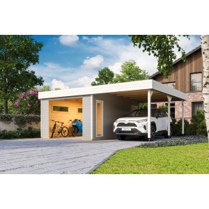 Lasita Maja Holzgarage Bahamas, lichtgrau, mit Carport und Geräteraum, Auto und Fahrräder