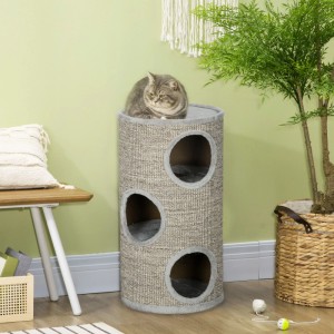 PawHut Kratztonne 70 cm, zylindrisch, Sisal-Oberfläche, 3 Plüsch-Höhlen. Eine Katze sitzt auf dem Kratzbaum.