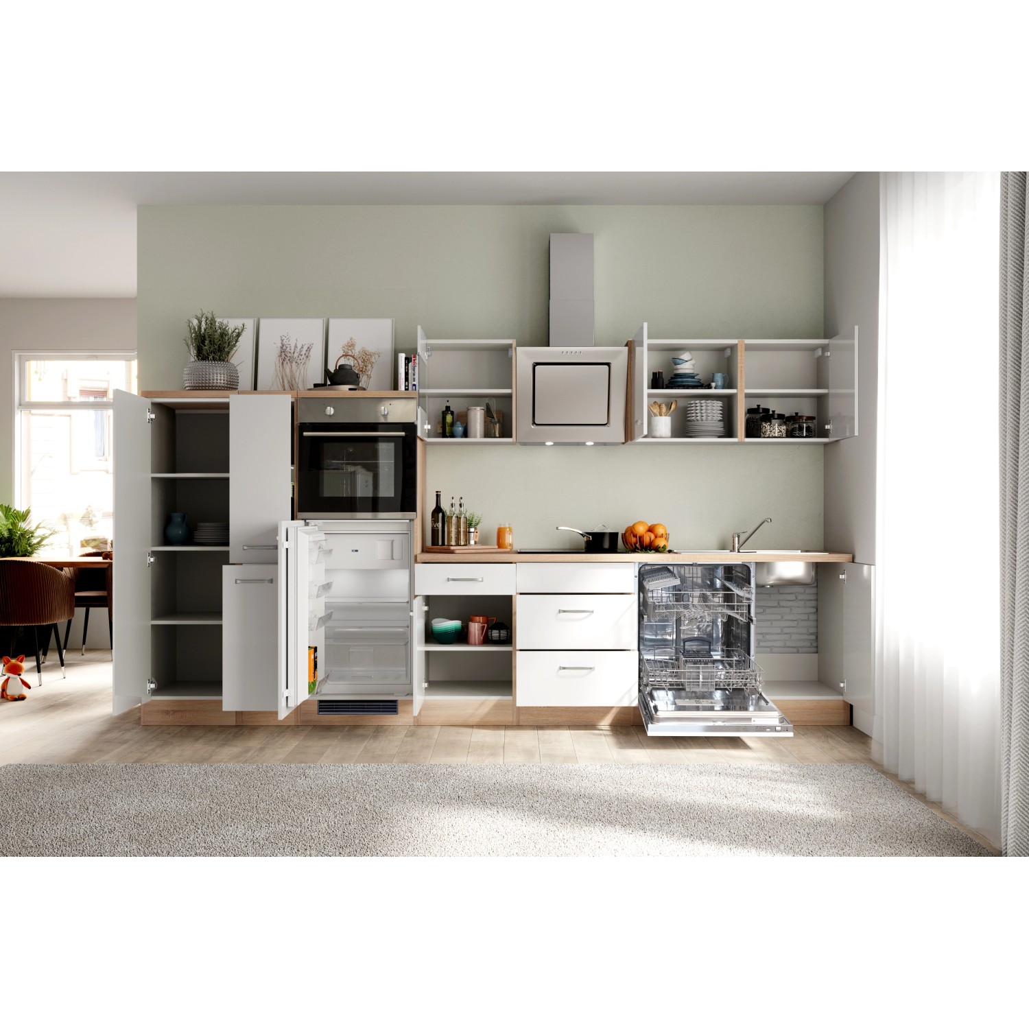 Flex-Well Küchenzeile Valero, 360 cm, Hochglanz Weiß/Sonoma Eiche, mit E-Geräten und Spüle.
