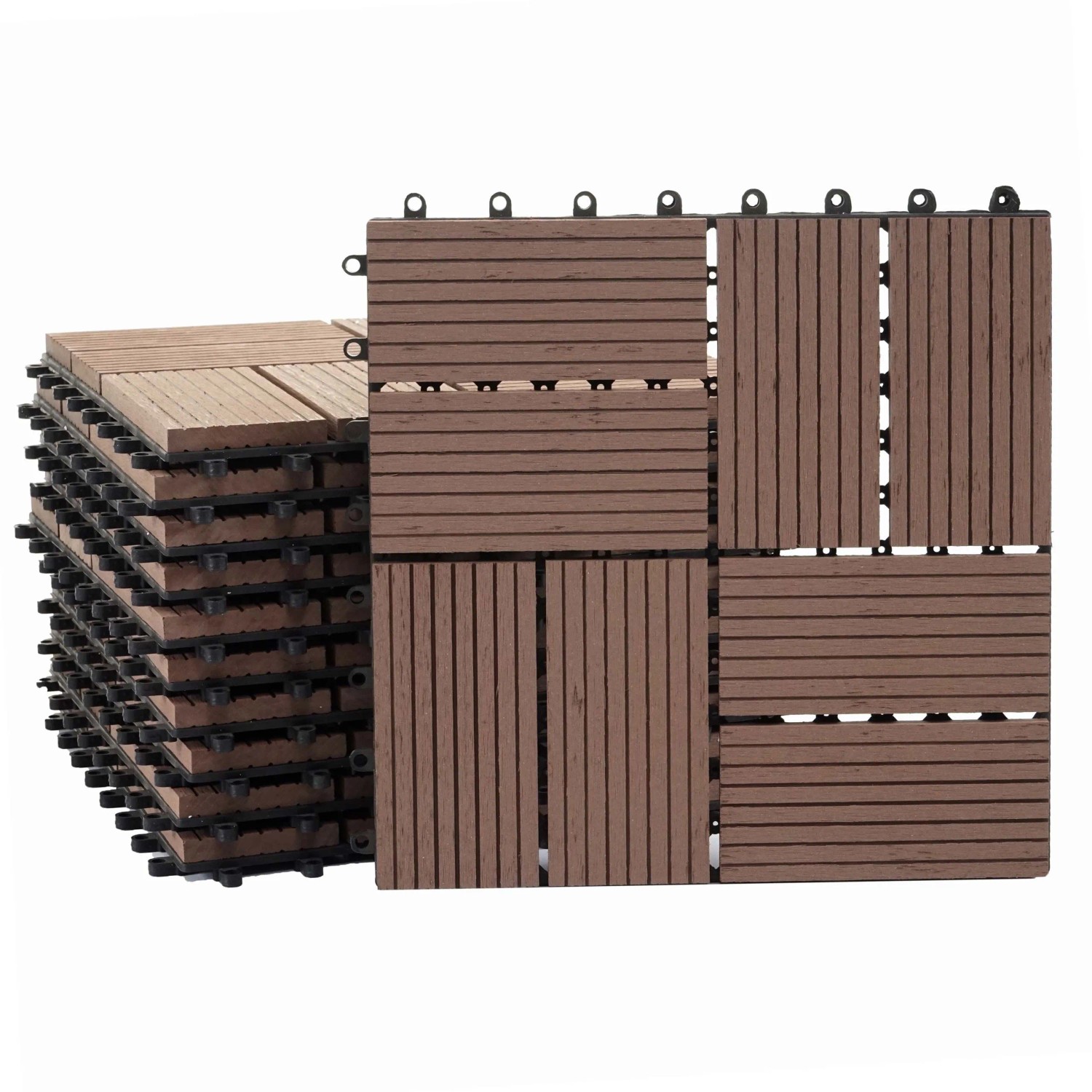 BERLINLODGE WPC Bodenfliese 11x Je BxT 30x30cm Holzoptik Balkon Terrasse Premium Coffee Vierecke