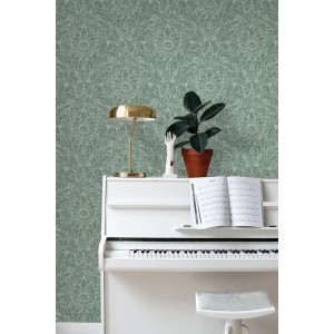 ESTAhome Vliestapete in Blaugrün mit eleganten Ornamenten an einer Wand, hinter einem weißen Klavier. Stilvolle Dekotapete.