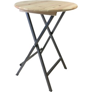 Klappbarer Stehtisch mit runder Holzplatte und Metallgestell für Garten und Innenbereich.