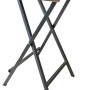 Klappbarer Stehtisch mit runder Holzplatte und Metallgestell für Garten und Innenbereich.