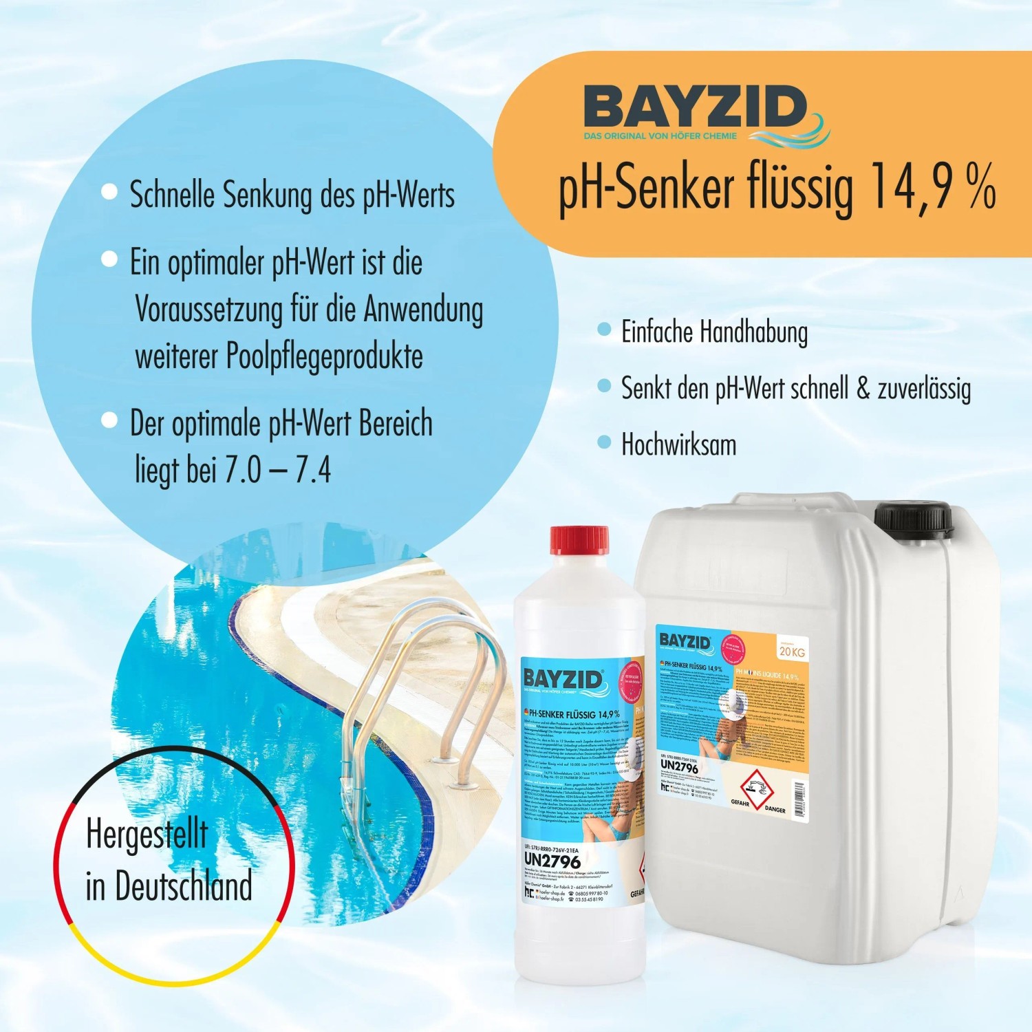Bayzid pH Minus flüssig 14,9%, 20kg Kanister und Flasche. Zur pH-Wert Senkung im Pool.