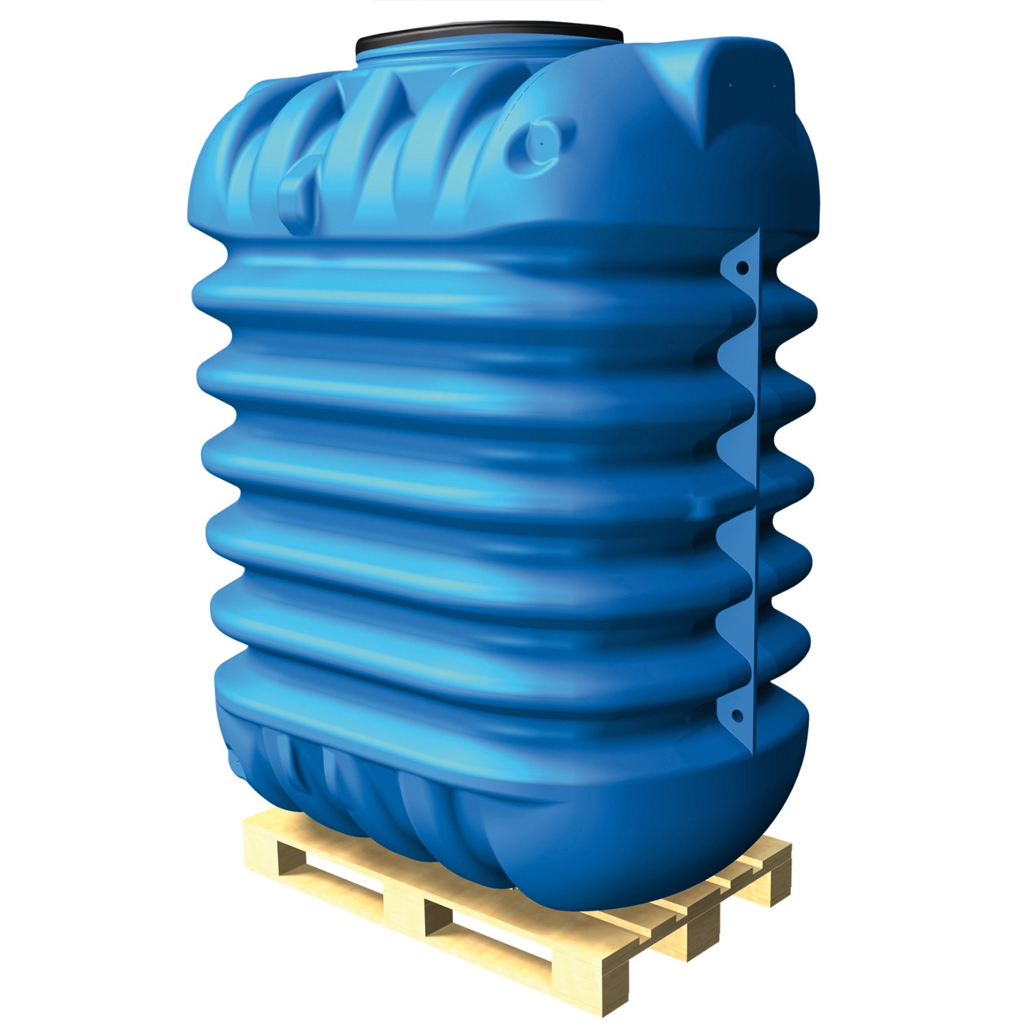 Blauer 4rain Erdtank Modularis 10.000 l mit Schachtverlängerung auf Palette.