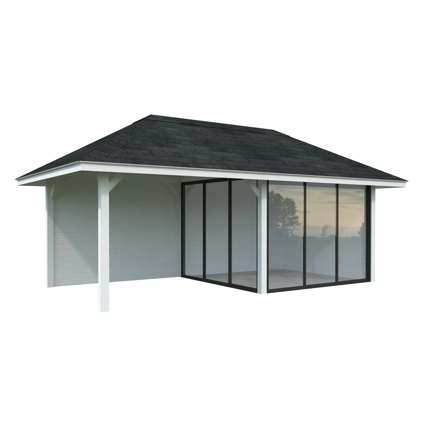 Palmako Pavillon Bianca Set, 588x300 cm, weiß lackiert. Weekendhaus mit Schiebetüren.