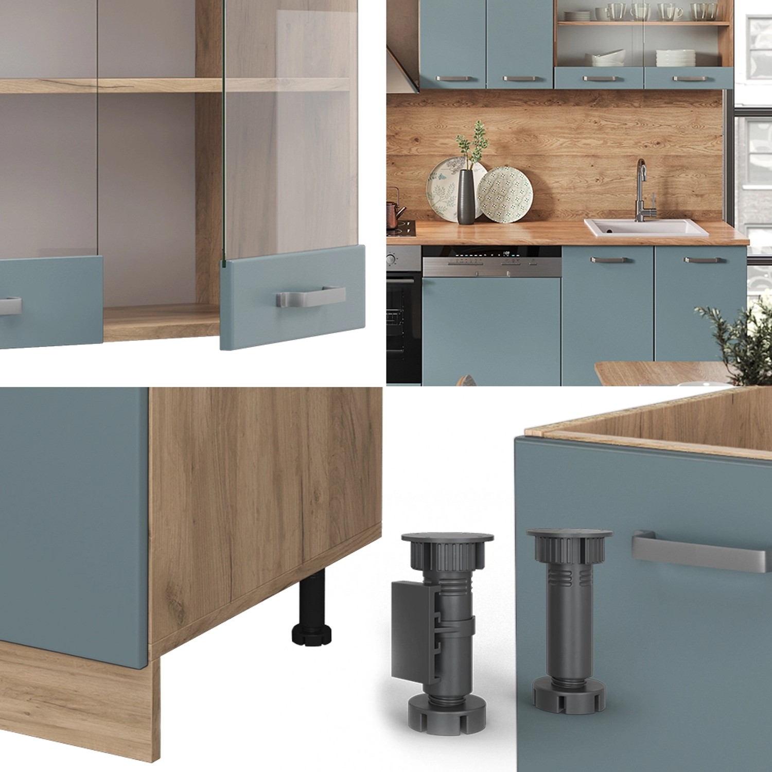 Vicco R-Line Küchenzeile in Blau-Grau und Goldkraft Eiche mit anthrazitfarbener Arbeitsplatte.