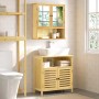 Bambus Waschbeckenunterschrank mit Lamellentüren, offenem Fach und weißem Waschbecken. Moderner Badezimmerschrank.