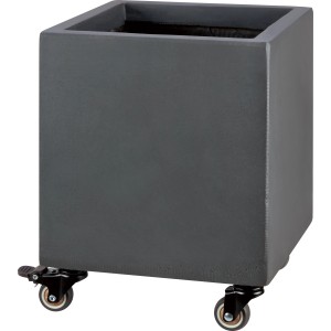 Quadratischer, grauer Pflanztopf in Granitoptik mit Rollen, 30x30x31 cm.