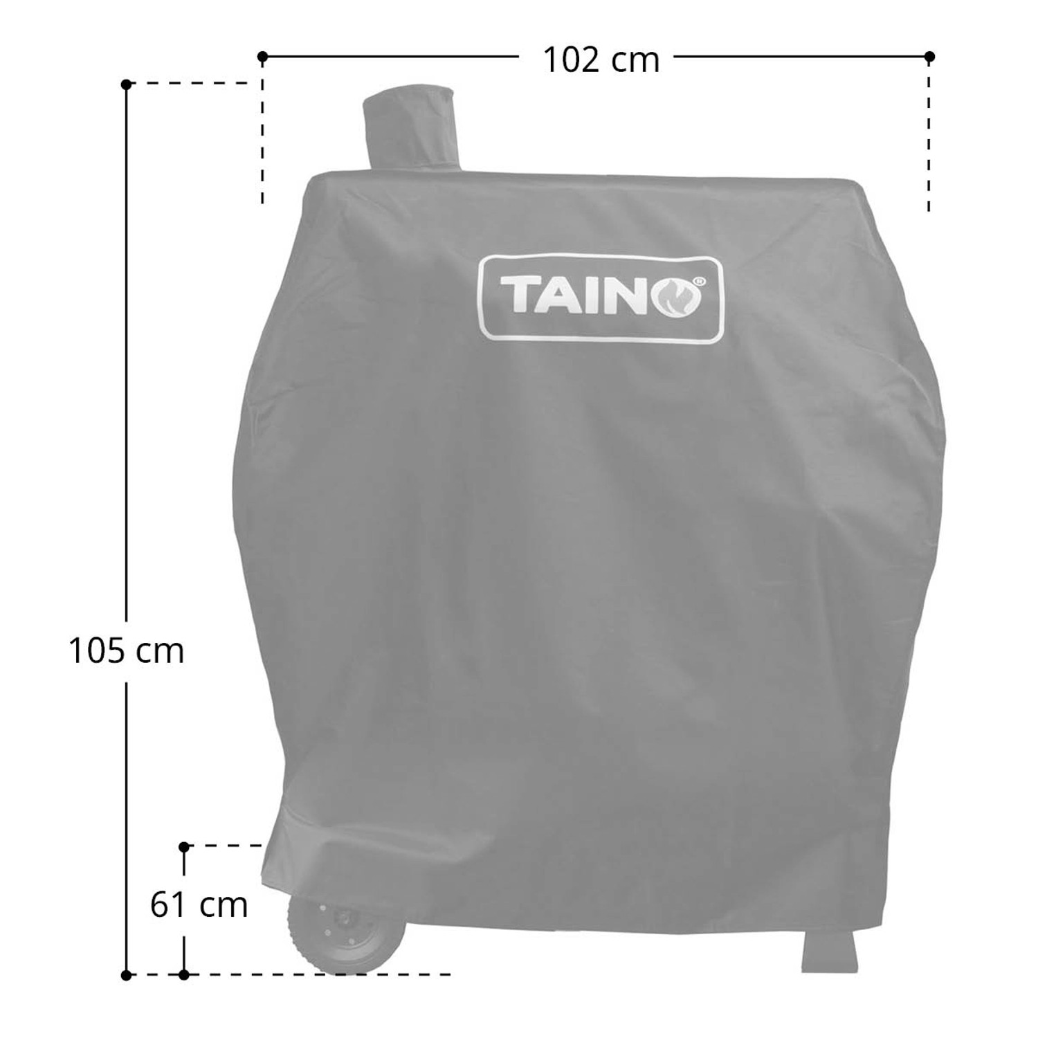 Taino Hero XXL Smoker Grill mit grauer Schutzhaube und Maßangaben.