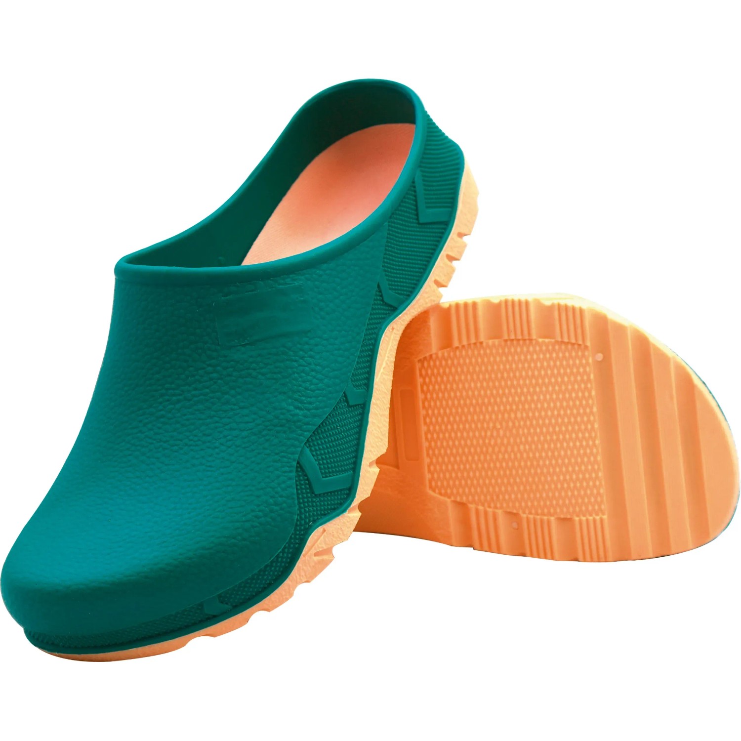 Grün-braune Gartenclogs, Größe 45/46, ideal für Gartenarbeit und Freizeit.