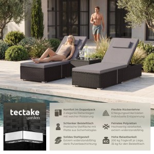 Schwarze Tectake Rattan Doppelliege mit verstellbarer Rückenlehne und Beistelltisch.