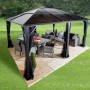 Sojag Pavillon Meridien 12x16 Anthrazit mit Moskitonetzen und Gartenmöbeln auf Terrasse.