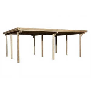 Weka Doppelcarport aus Holz, Flachdach, ohne Dachplatten, 603x512 cm.