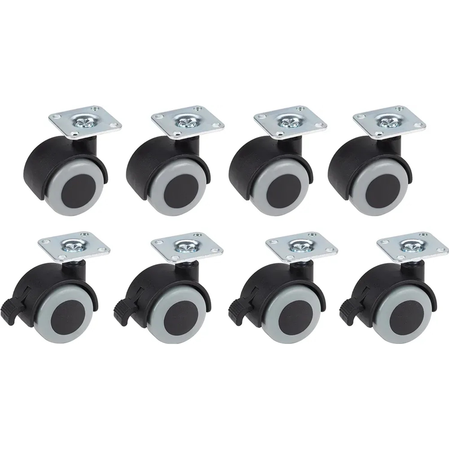 8-teiliges Set Parkettrollen Ø 40 mm mit Feststeller und weicher Lauffläche.