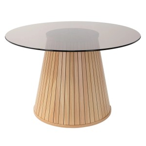 Runder Couchtisch mit klarer Glasplatte und konischem Fuß aus Holz-Optik Lamellen in Braun. Ø 80 cm Wohnzimmertisch.