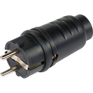 Schwarzer Schutzkontakt-Stecker aus Gummi mit Knickschutz für sichere Stromverbindung.