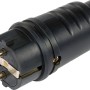 Schwarzer Schutzkontakt-Stecker aus Gummi mit Knickschutz für sichere Stromverbindung.