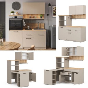 Vicco Singleküche Egbert in Greige mit Ausziehtisch, 160 cm breit.