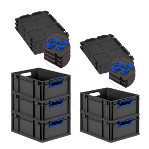 PROREGAL Sparset: 5 Euroboxen Nextgen Color mit Deckel, 16L, schwarz mit blauen Griffen. Aufbewahrungsboxen stapelbar.