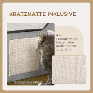 Katzenhöhle PawHut mit Kratzfläche: Katze schärft Krallen an der Kratzmatte.