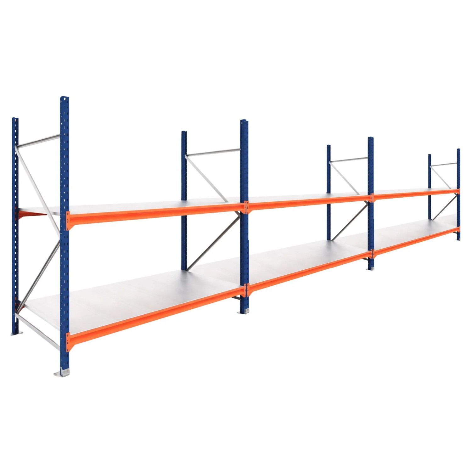 PROREGAL Weitspannregal Schwerlastregal DOMINUS Komplettregal 3 Felder 200x585x40cm 2 Ebenen Stahlplatten-Fachboden Fachlast 350 kg Blau/Orange