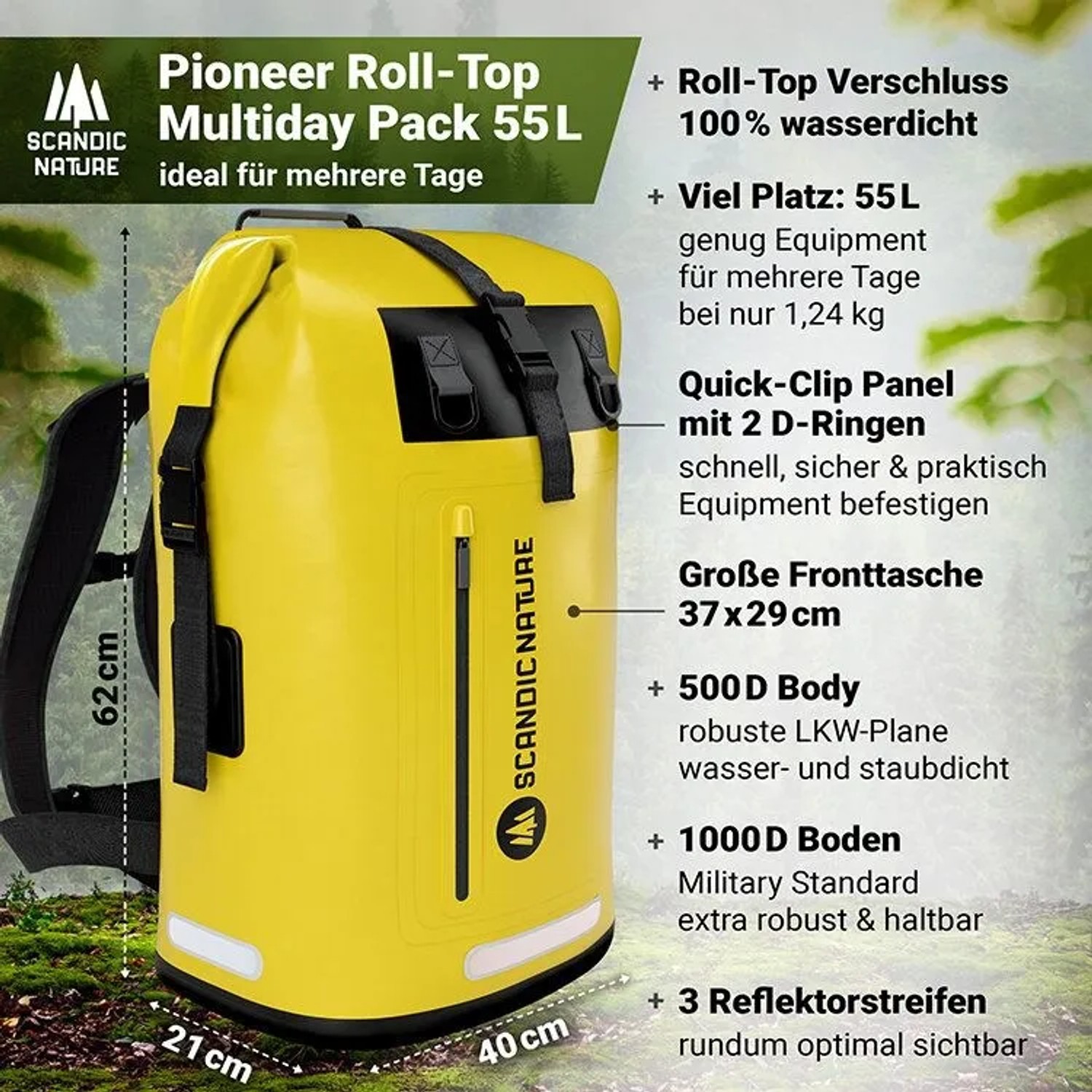 Gelber SCANDIC NATURE Pioneer 55L Roll Top Wanderrucksack, wasserdicht, mit Reflektorstreifen für Outdoor & Reisen.