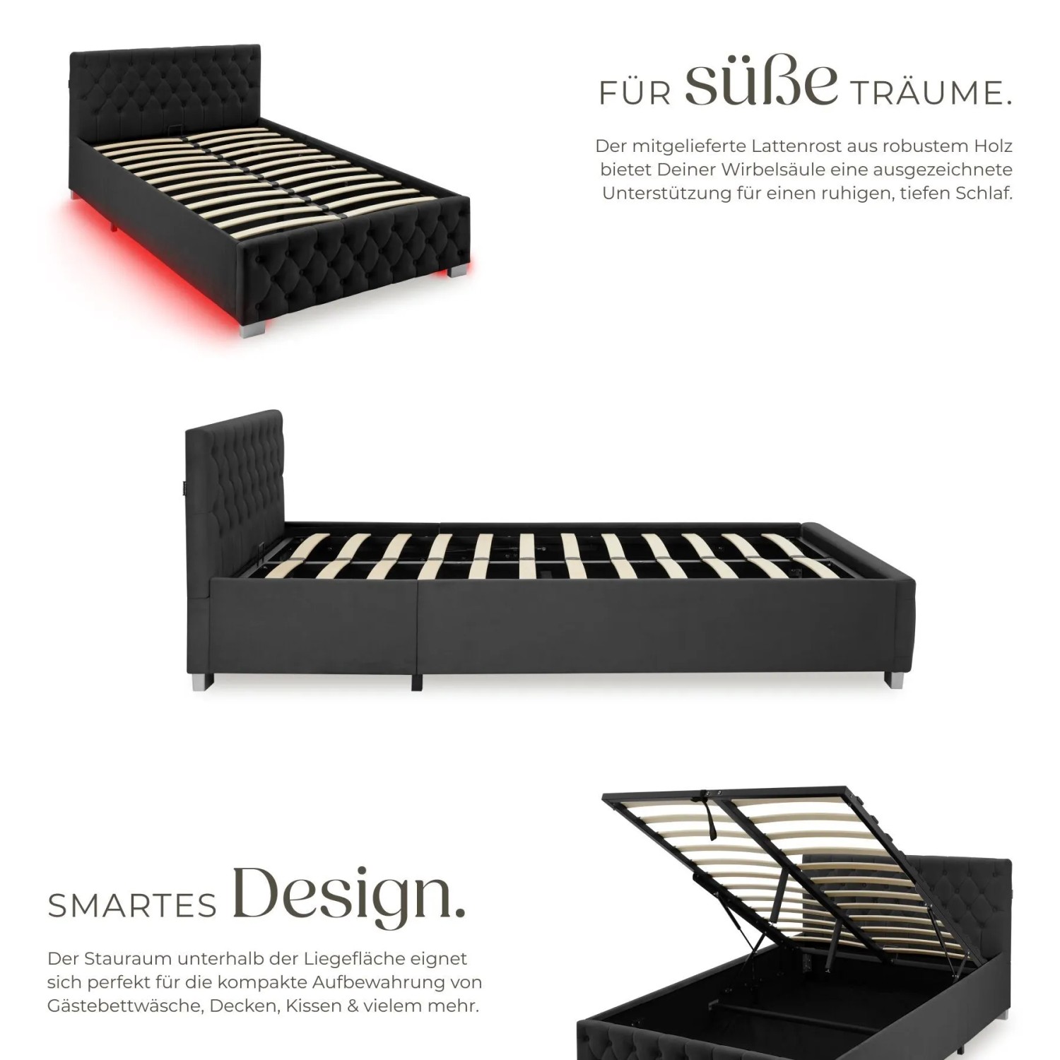 Tectake Polsterbett Sedona In Samtoptik Mit Steppmuster Indirekte Led Beleuchtung An Den Seiten 120 x 200 cm 215 x 129 x 83 cm Samtoptik Schwarz_3