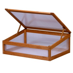 Hellbrauner Dobar Frühbeetaufsatz Kubus 2.0 aus Holz und Polycarbonat mit geöffnetem Deckel.