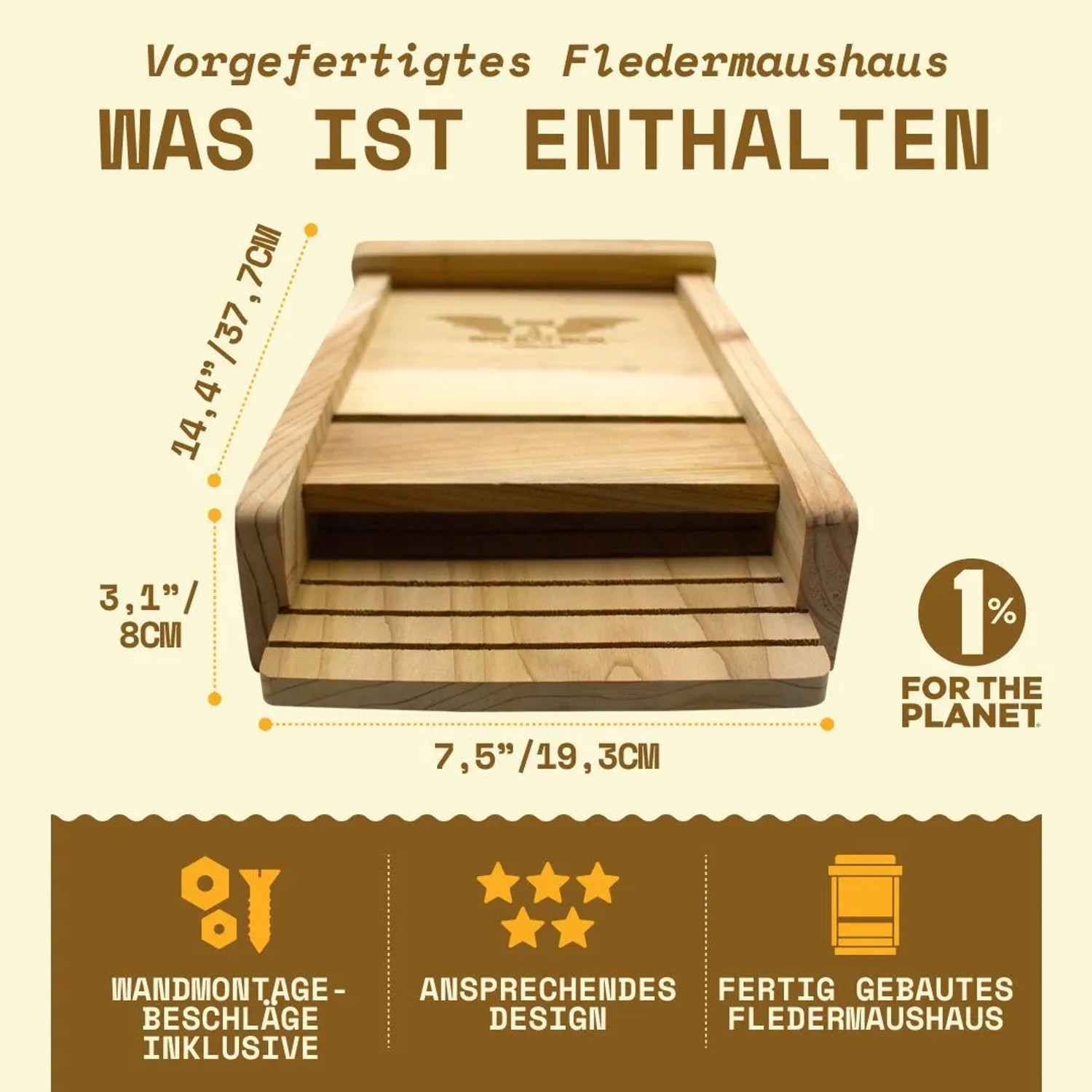 Wild Yard Fledermaushaus aus Zedernholz für bis zu 50 Fledermäuse. Kompakter Mückenschutz.