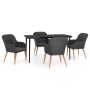 Schwarze 5-tlg. vidaXL Garten-Essgruppe mit Rattan-Stühlen und Tisch mit Glasplatte.