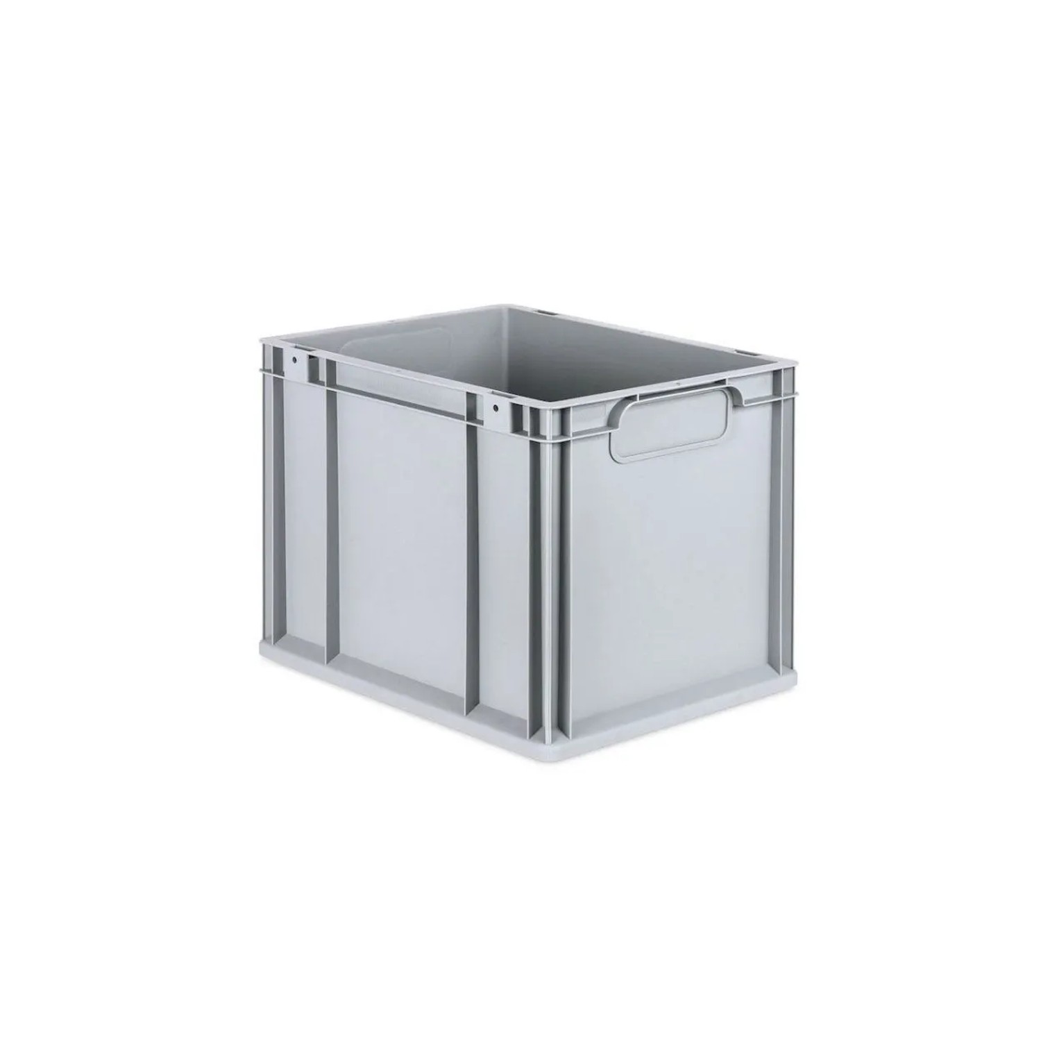 Graue PROREGAL Eurobox 30L mit Scharnierdeckel und Griffen, ideal zur Aufbewahrung.