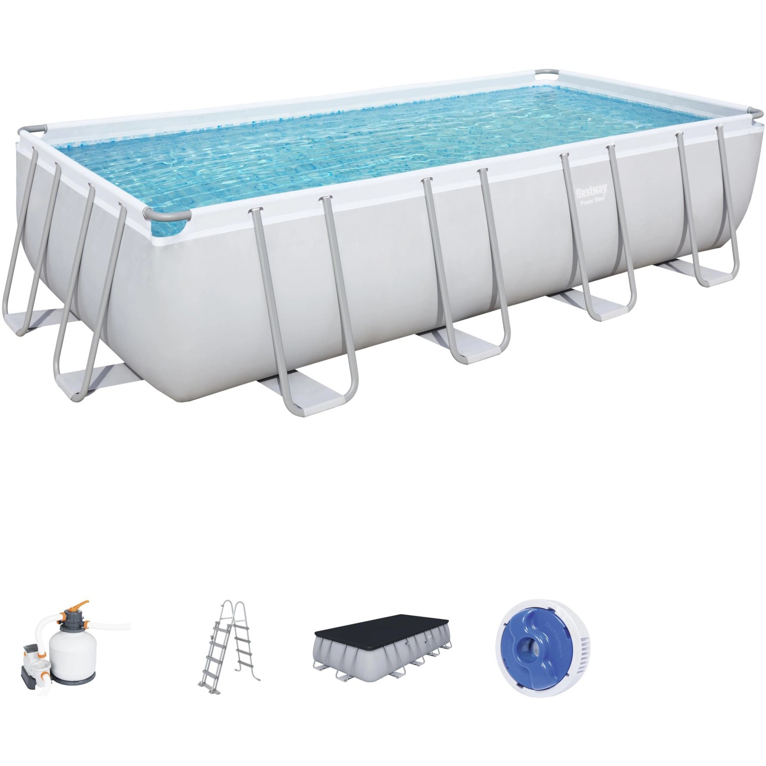 Bestway Stahlrahmenpool-Set Power Steel, 549x274x122 cm, rechteckig, mit Sandfilteranlage, Leiter und Abdeckung.
