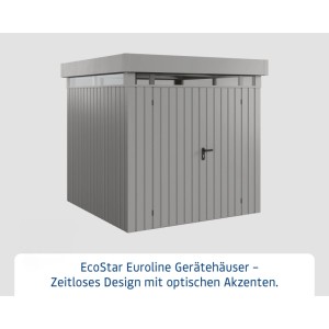 Graues EcoStar Gerätehaus Euroline mit Flachdach und Lichtband, 229x227 cm.
