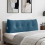 Blaues vidaXL Samt-Rückenkissen mit Knöpfen und Seitentasche auf einem Bett. Bietet ergonomische Unterstützung.