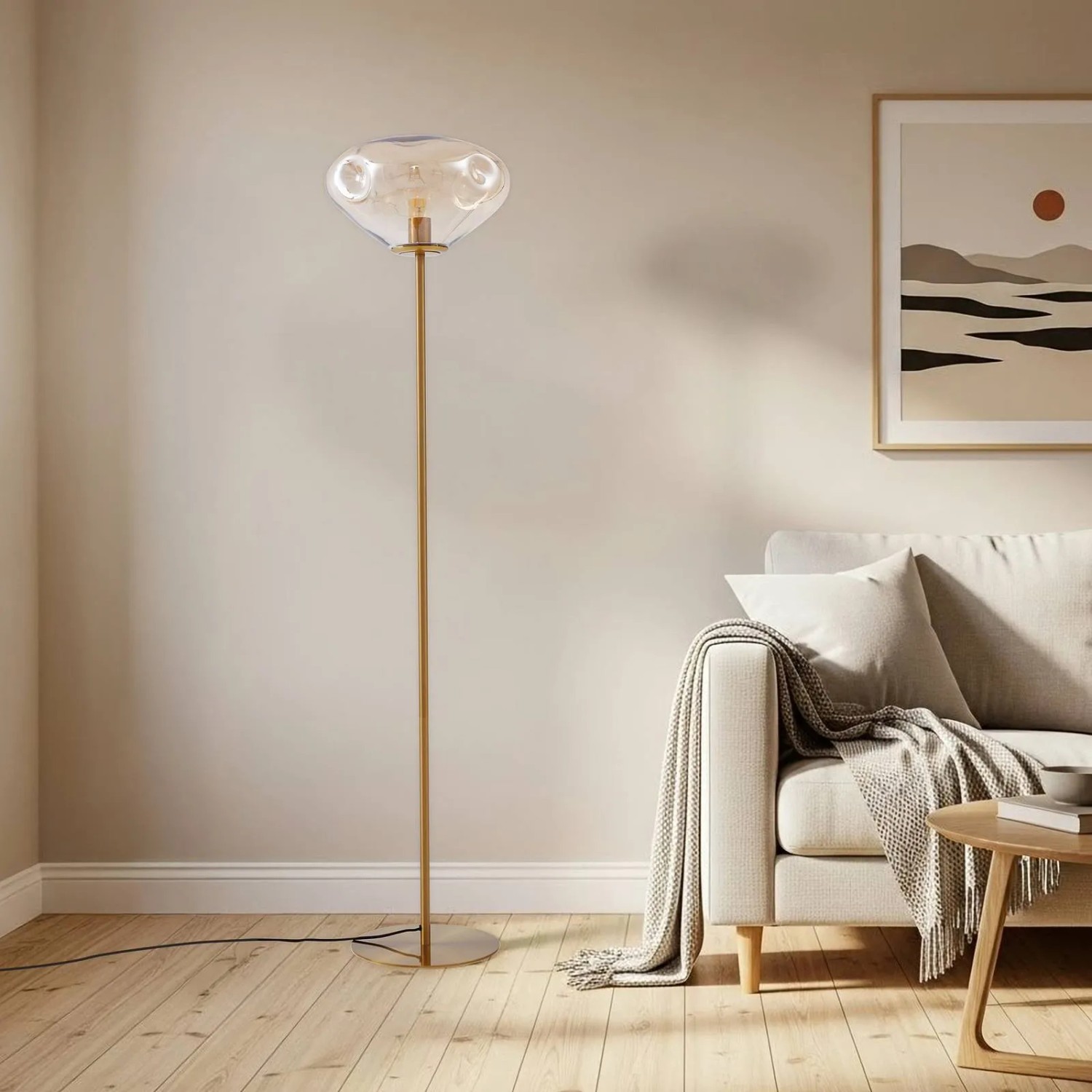 Moderne Lindby Stehlampe Lelia in Creme mit Glas-Schirm, 1-flammig, E27 für Wohnzimmer.