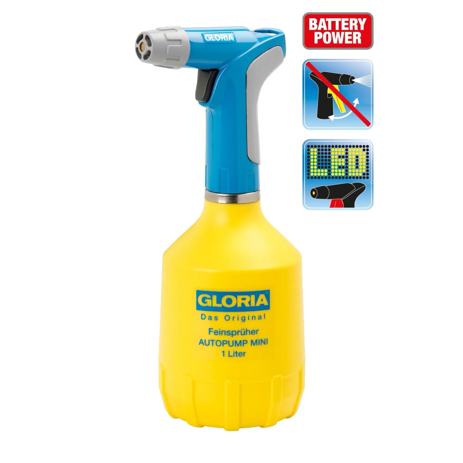 Gloria AutoPump Mini Feinsprüher, 1 l, gelber Behälter, blaue Sprühpistole mit LED-Leuchte.