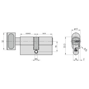Technische Zeichnung Basi Profilzylinder V55, Knaufzylinder K30/35 mm, verschiedenschließend, Maße