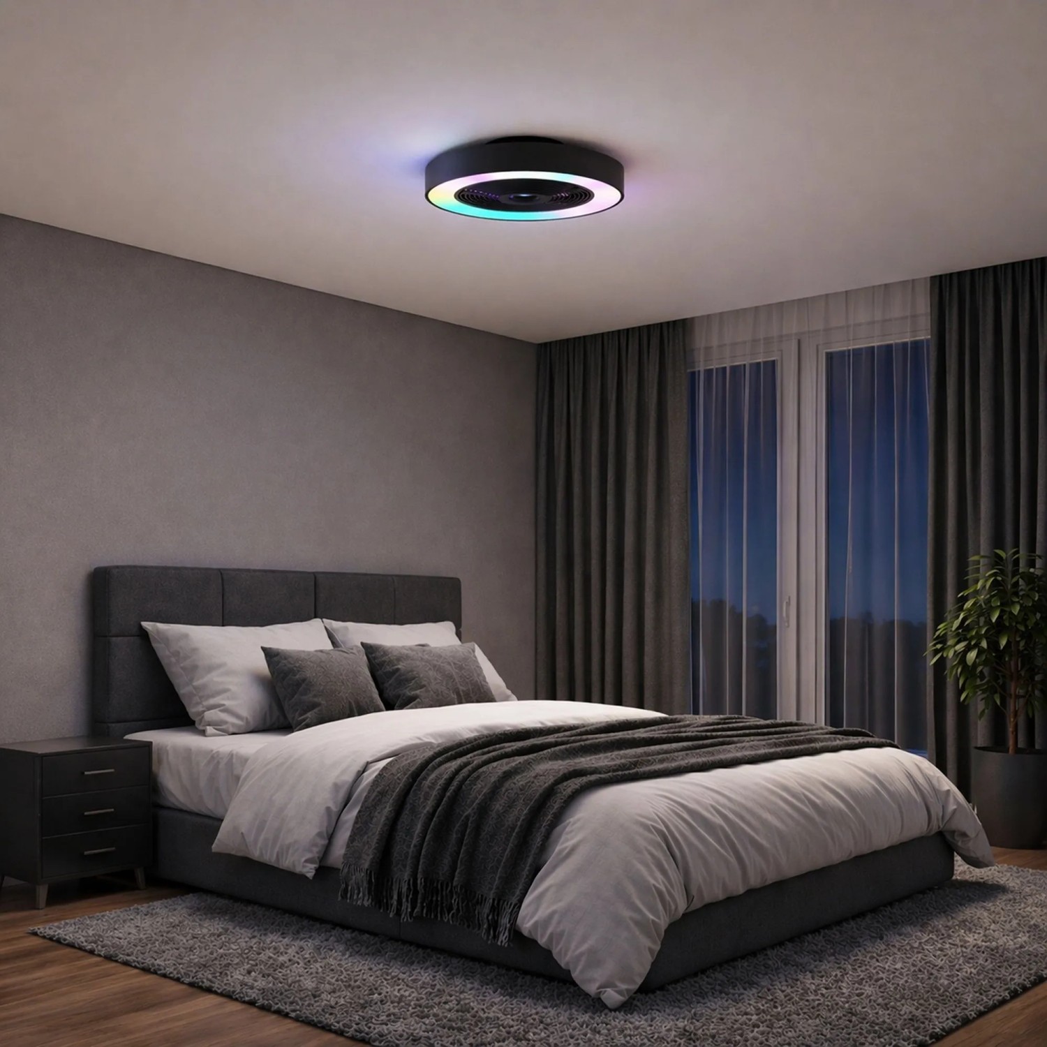 Schwarze LED-Deckenleuchte Catania mit Ventilator und RGB-Beleuchtung im Schlafzimmer.